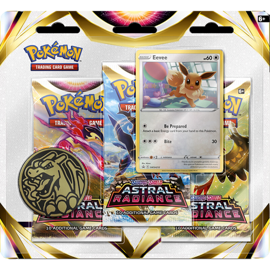 Pokemon Blister Pack - 3-Pack: 3 Sword & Shield: Astral Radiance Booster Pakker : Eevee eller Sylveon Black Star Promo & Pokemon Mønt