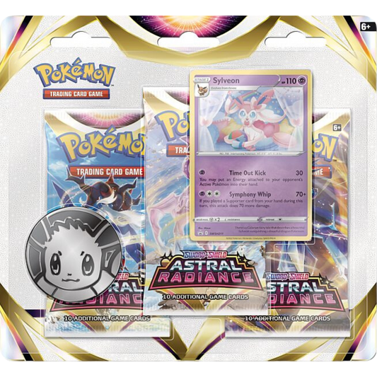 Pokemon Blister Pack - 3-Pack: 3 Sword & Shield: Astral Radiance Booster Pakker : Eevee eller Sylveon Black Star Promo & Pokemon Mønt