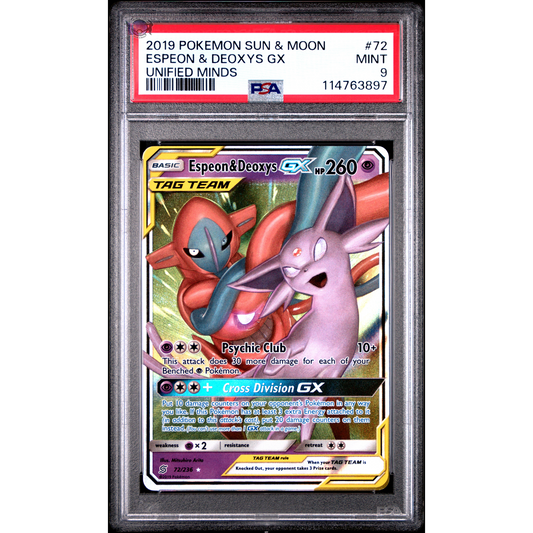 Espeon & Deoxys GX - 72/236 - PSA 9 - Sword & Shield : Unified Minds